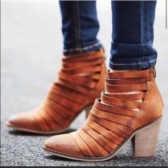 Free People Shoes - Free People Hybrid Strappy Cognac Leather Heeled Ankle Boot -Size EU 38 / US 7.5